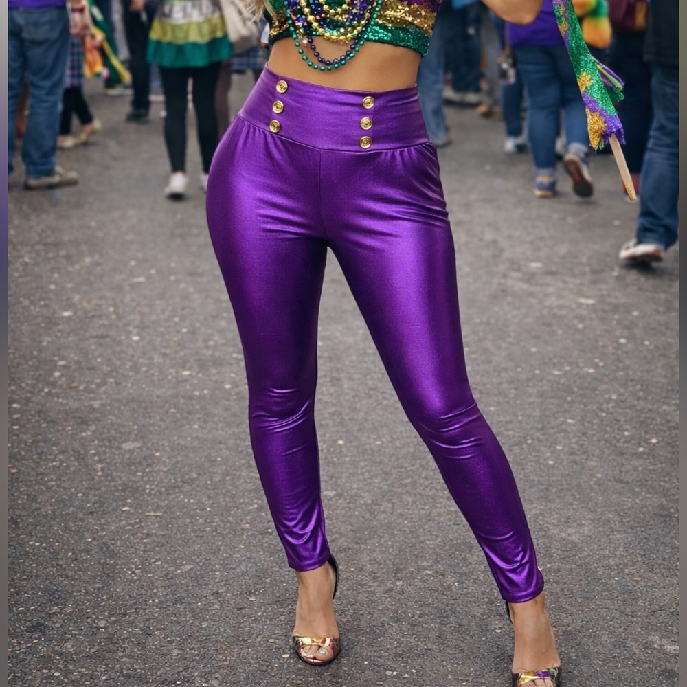 Mardi Gras Purple High-Waisted Women's Pants with Gold Embellishment, Size: XL